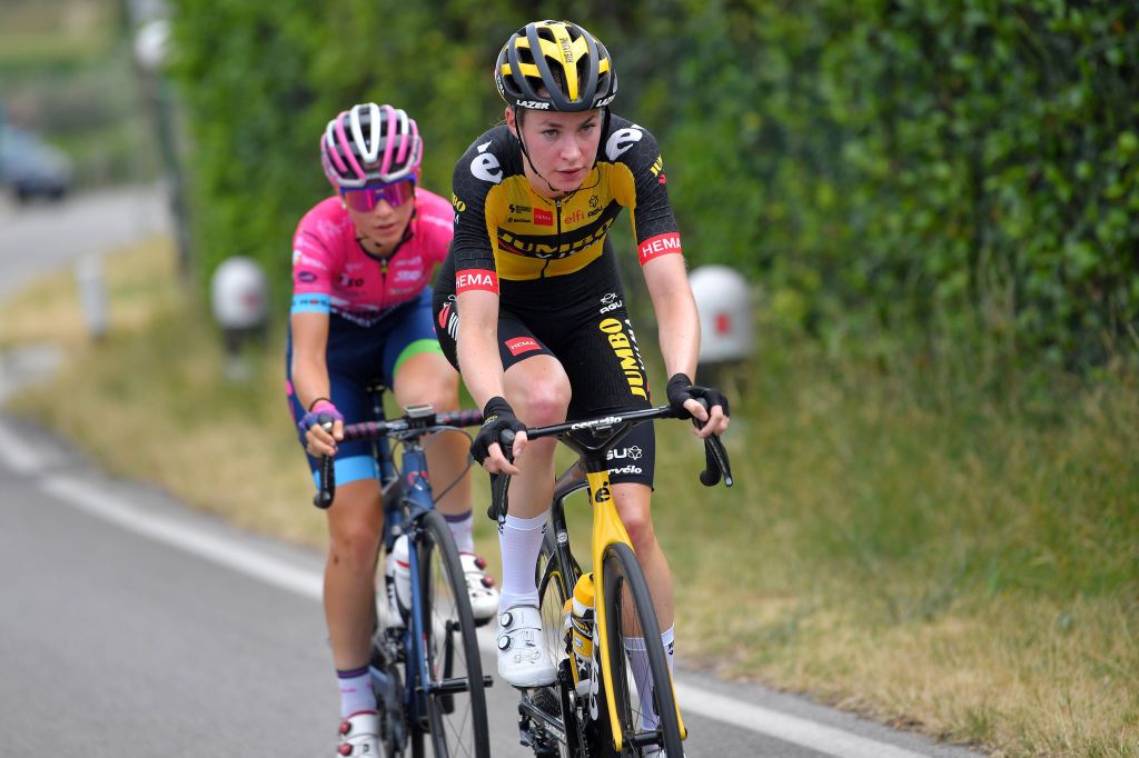 PUEGNAGO DEL GARDA ITALY JULY 08 Riejanne Markus of Netherlands and Jumbo Visma Team Matilde Vitillo of Italy and Team Bepink in breakaway during the 32nd Giro dItalia Internazionale Femminile 2021 Stage 7 a 1096km stage from Soprazocco di Gavardo to Puegnago Del Garda 219m GiroDonne UCIWWT on July 08 2021 in Puegnago del Garda Italy Photo by Luc ClaessenGetty Images