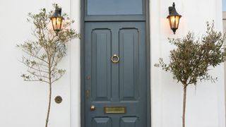 blue front door with brass furniture