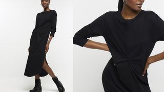 black long sleeve dress with twist front