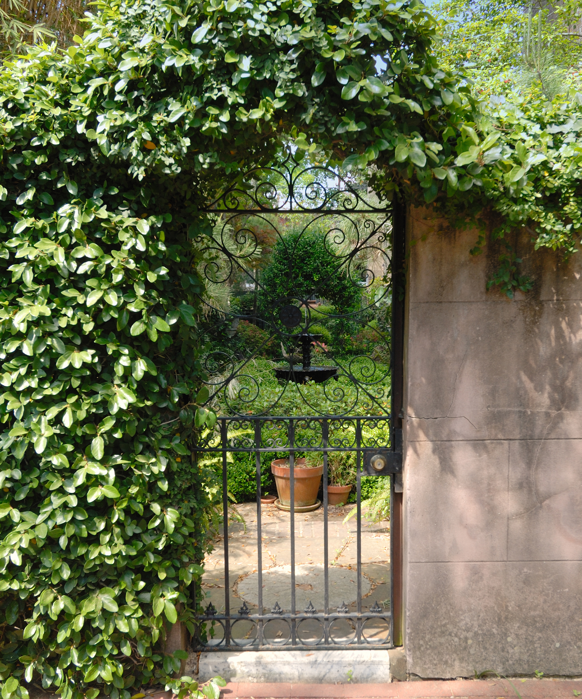 Secret garden behind black iron gate