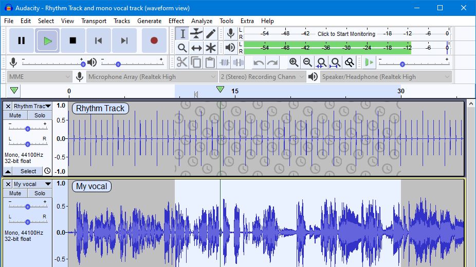 A screenshot of Audacity in default Light theme running on Windows 10