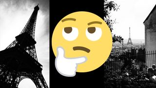 Two photographs of the Eiffel Tower, with a "Hmm" emoji in the middle