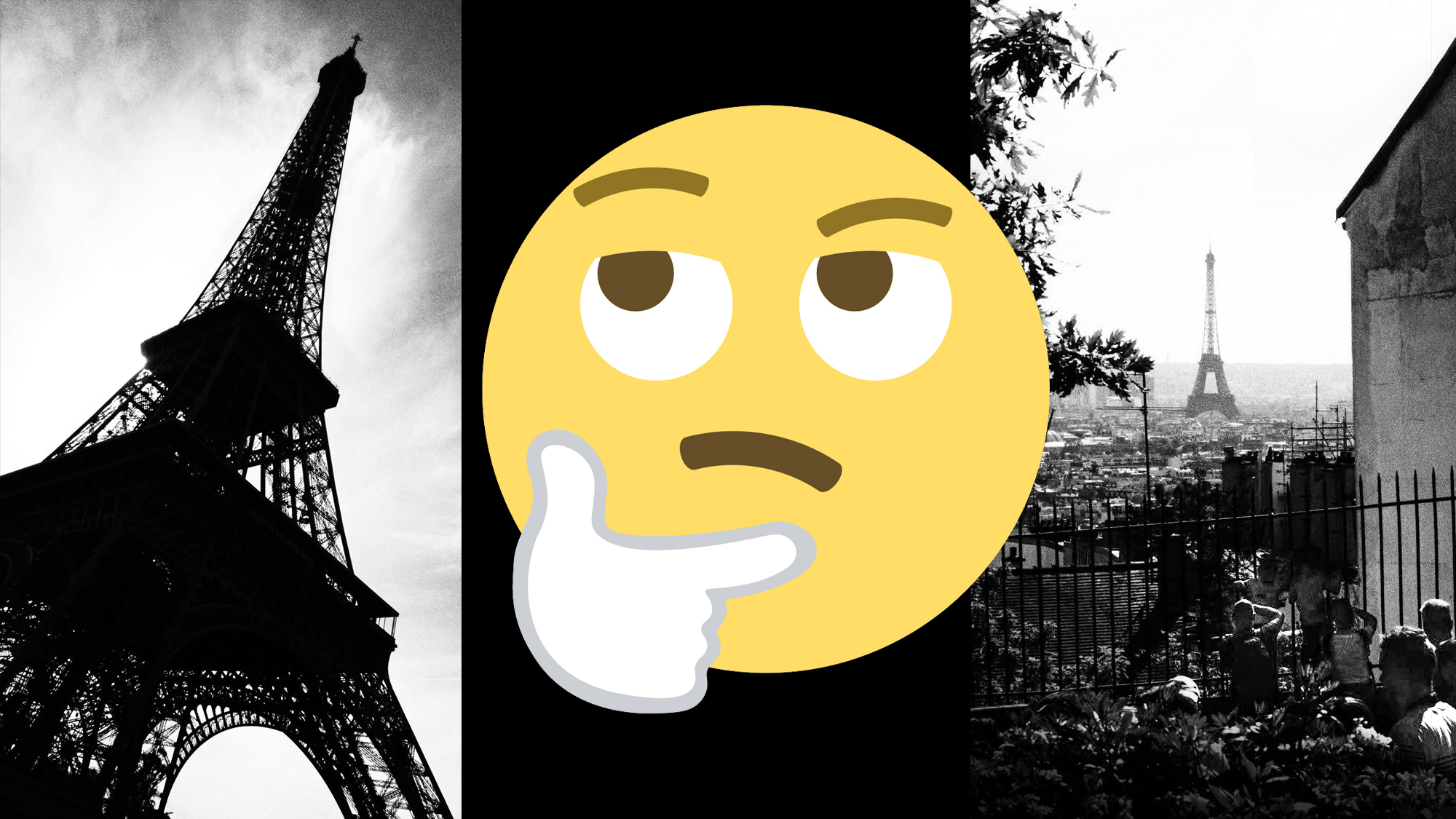 Two photographs of the Eiffel Tower, with a "Hmm" emoji in the middle