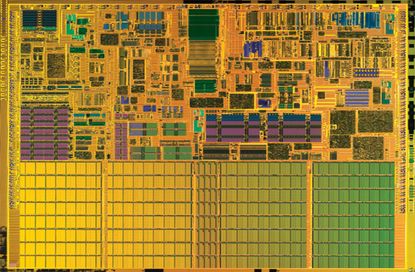 SANTA CLARA, CA - March 12:This handout image from Intel Corp. shows a die shot of the Centrino processor chip released by Intel on March 12, 2003 in Santa Clara, California. According to Int