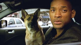 Will Smith as Dr. Robert Neville, with a dog inside a car in I Am Legend