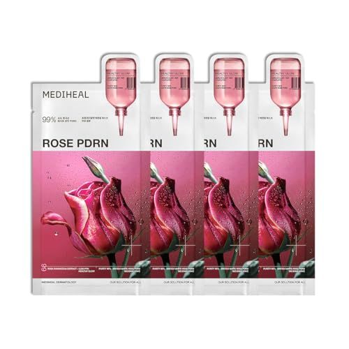 Mediheal Rose Pdrn Essential Sheet Mask 4 Pcs. 99% Pure White Rose Pdrn & Hyaluronic Acid for Hydrating, Firming, and Enhancing Moisture Barrier, Skin Firmness, and Glow. Vegan Formula.
