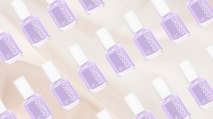 A collage featuring the essie Lilacism nail polish, arranged in a diagonal, repeated line pattern on a pastel pink fabric background