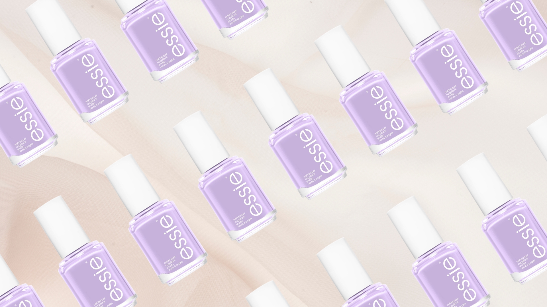 A collage featuring the essie Lilacism nail polish, arranged in a diagonal, repeated line pattern on a pastel pink fabric background