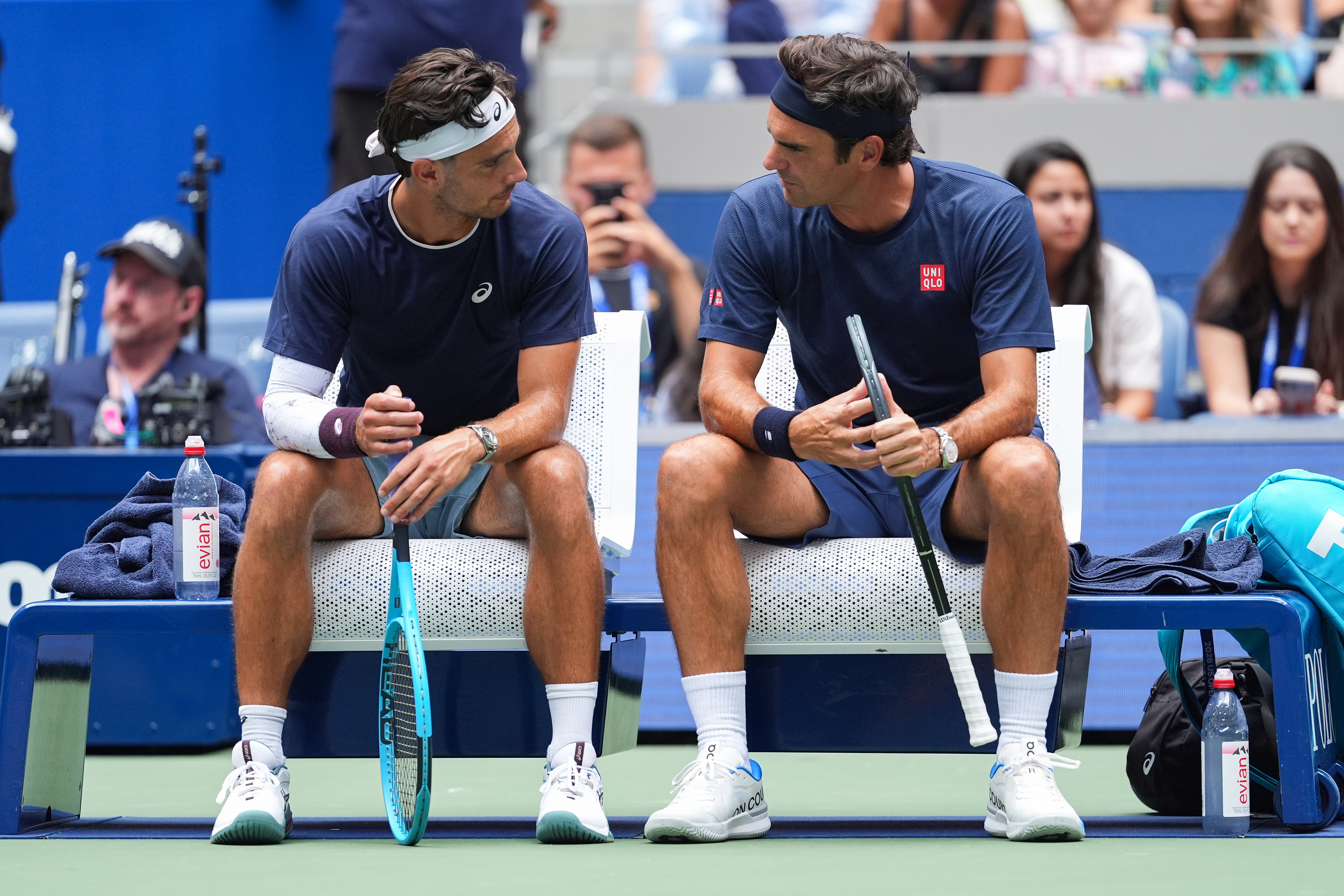 Lorenzo Musetti talks to Roger Federer during Fan Week at the 2026 US Open at USTA Billie Jean King National Tennis Center on Monday, August 24, 2026 in Flushing, NY.