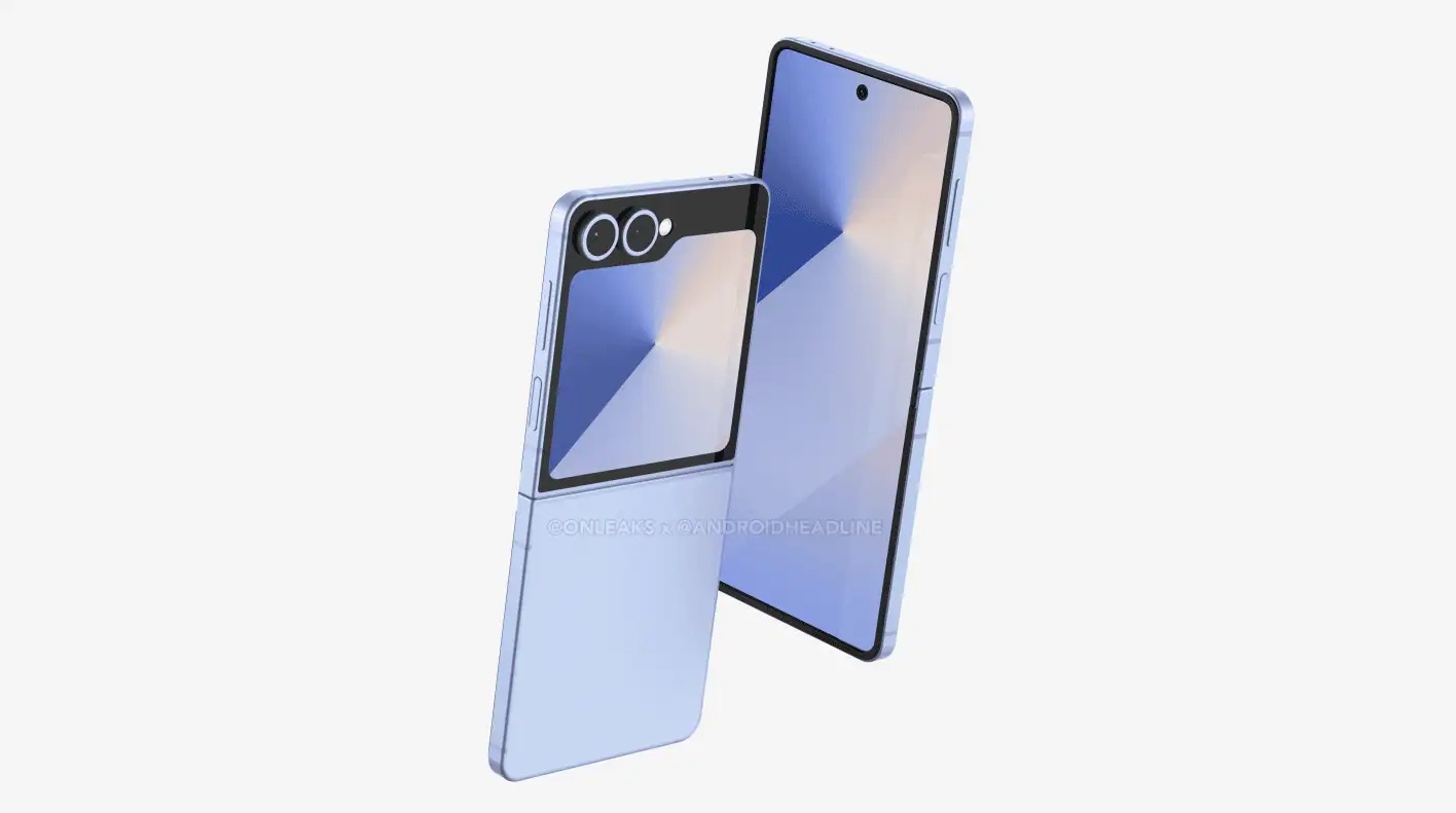 An angled view of a leaked Galaxy Z Flip 7 rendering in a light blue color.