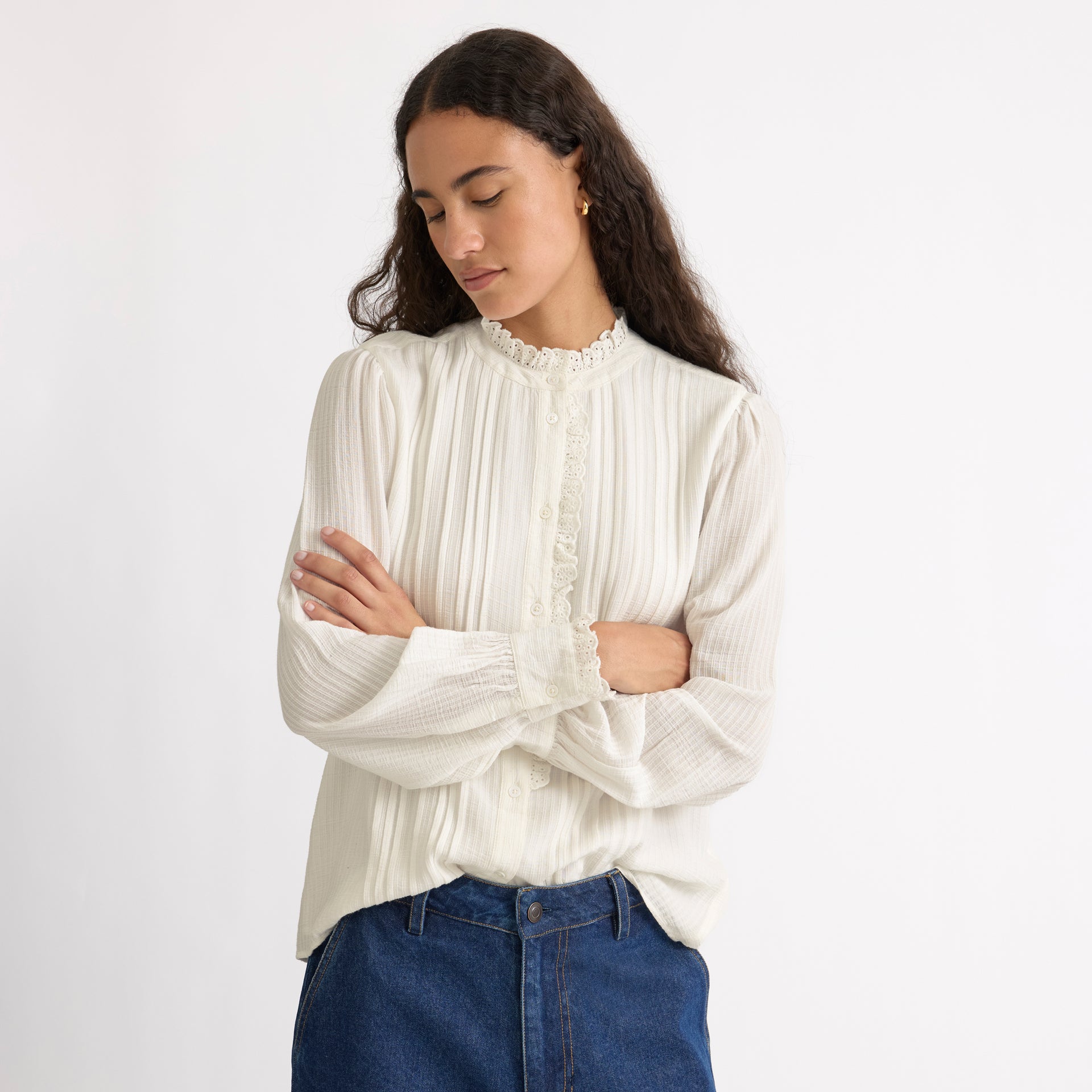 Cream Lace Edge High Neck Blouse - 8