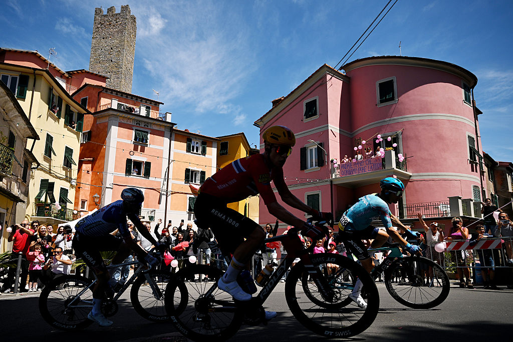 CHIAVARI, ITALY - MAY 20: (L-R) Nico Denz of Germany and Team Red Bull - BORA - hansgrohe, Andreas Leknessund of Norway and Team Uno-X Mobility and Diego Ulissi of Italy and Team XDS Astana compete in the breakaway during the 109th Giro d&amp;amp;apos;Italia 2026, Stage 11 a 195km stage from Porcari to Chiavari / #UCIWT / on May 20, 2026 in Chiavari, Italy. (Photo by Dario Belingheri/Getty Image)