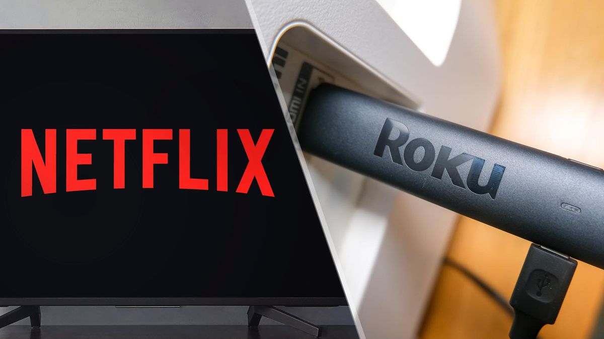 The Netflix logo on a TV and a Roku Streaming Stick 4K sticking out of a TV&#039;s HDMI port