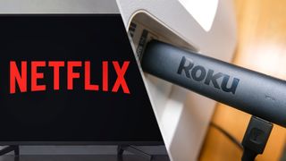 The Netflix logo on a TV and a Roku Streaming Stick 4K sticking out of a TV's HDMI port