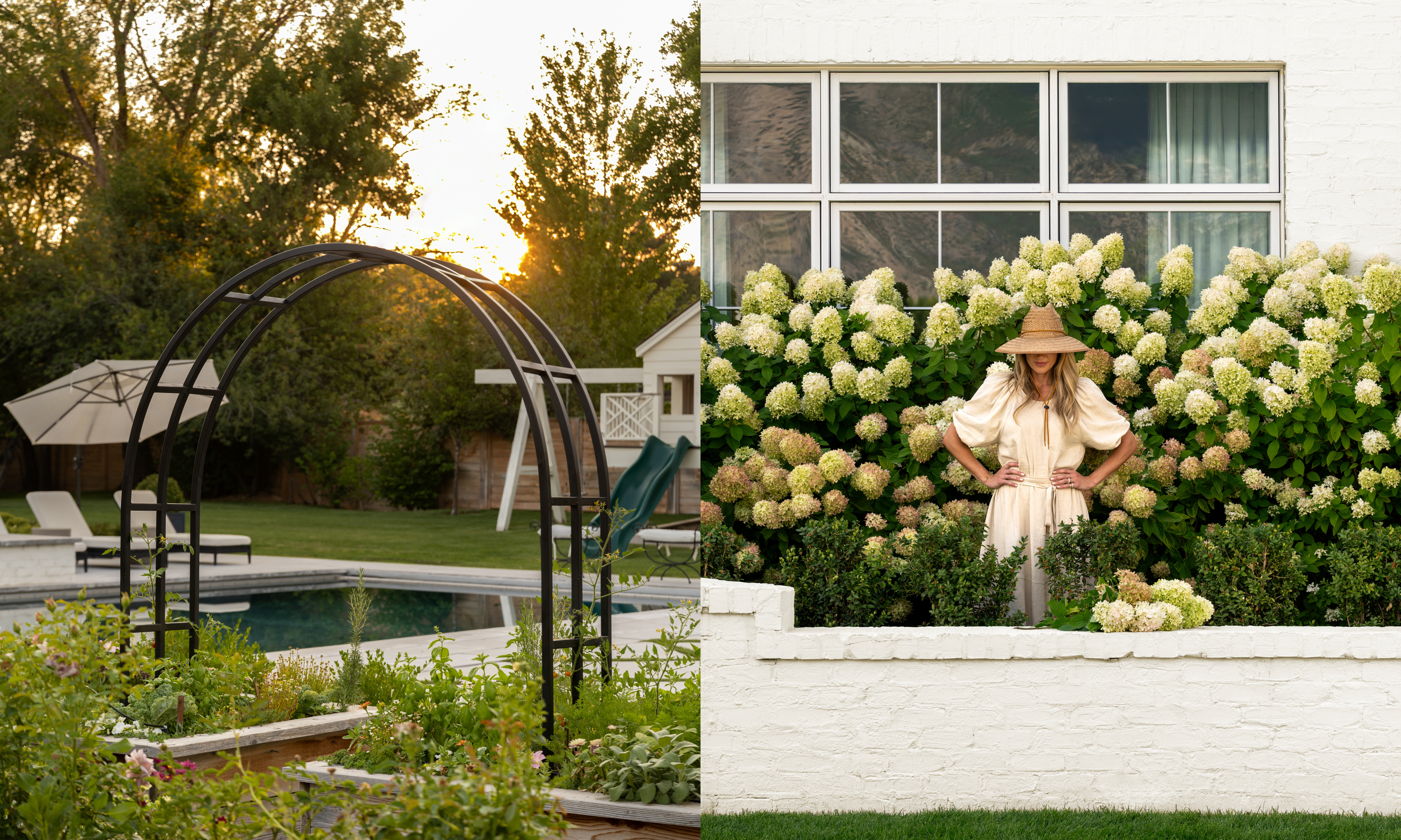 Shea McGee stood in large hydrangea paniculata bush wearing cream dress and hat