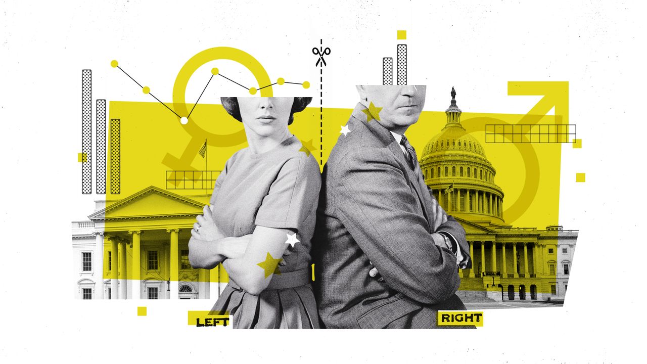 Illustration of a man and woman, the White House, Congress, and voting data