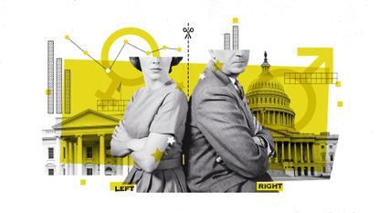 Illustration of a man and woman, the White House, Congress, and voting data