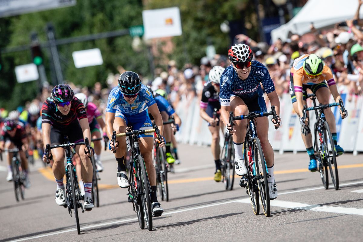 ennifer Valente (Sho-Air Twenty20) wins the field sprint to take second place on stage 3 of the Colorado Classic on August 24, 2019 in Golden, Colorado.