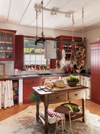 kitchen with terracotta coloured units