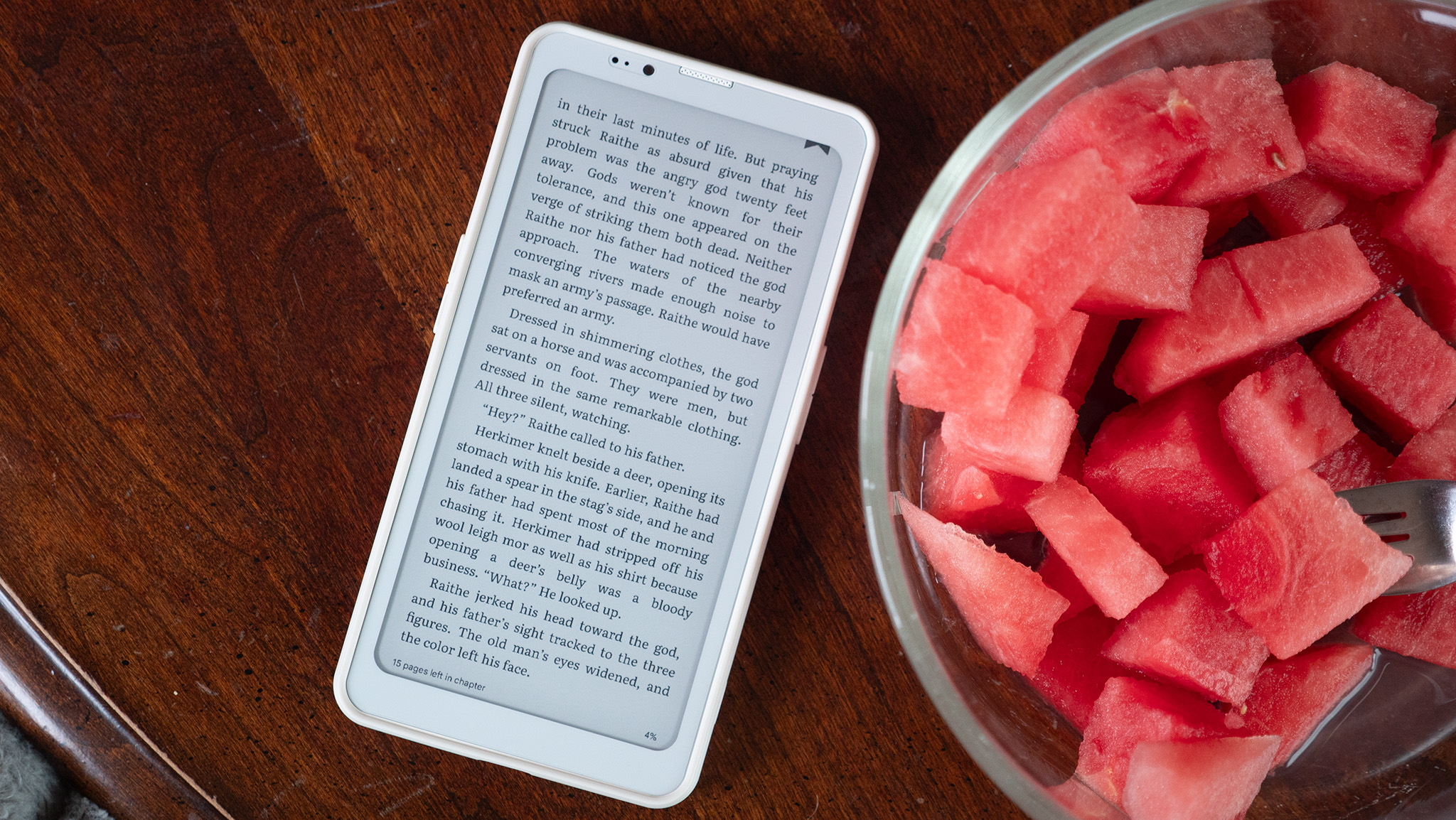 Google Play Books on a Bigme HiBreak Pro next to a bowl of watermelon
