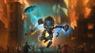 Screenshot from the video game Destroy All Humans! A little grey alien is flying through a burning city street using a jet pack. He is holding a large ray gun. People are running and panicking in the streets below the alien. There is a UFO in the background.