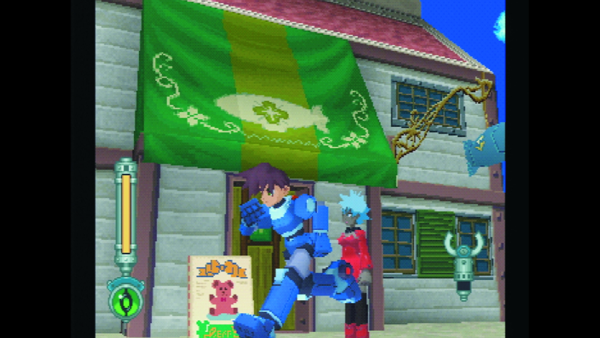 Mega Man runs by a shop in town in Mega Man Legends 2, from an original year 2000 presskit