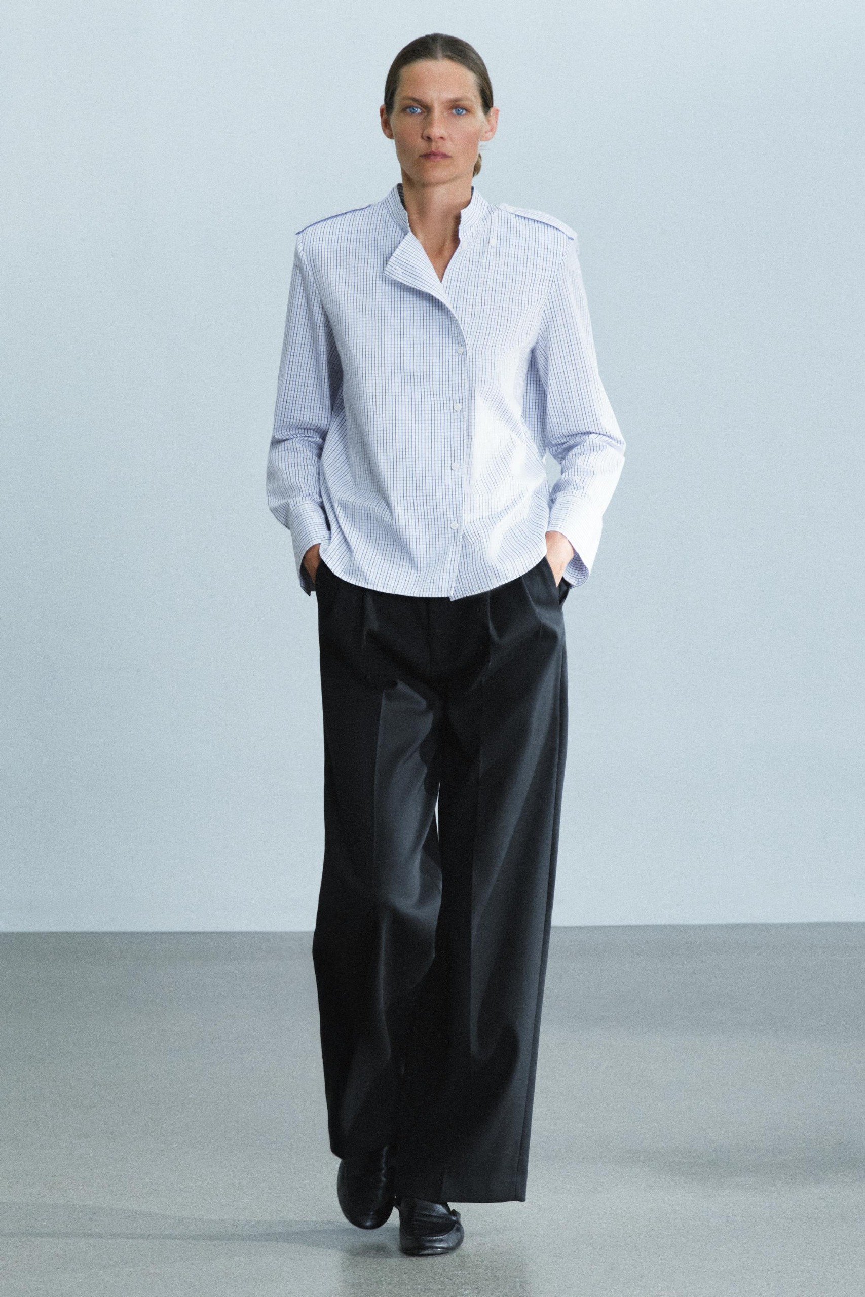 Zw Collection Plaid Shoulder-Pad Shirt - Brown-Blue - Xs
