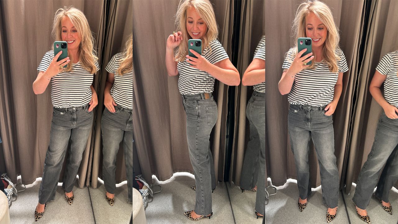 Antonia Kraskowski wearing grey straight leg jeans from Zara