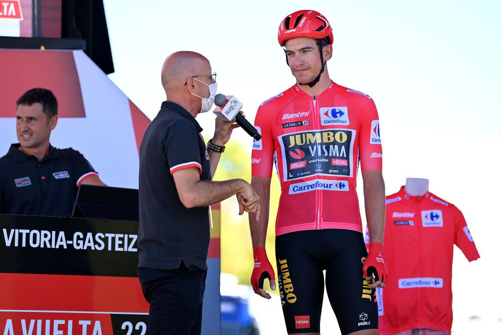 LAGUARDIA SPAIN AUGUST 23 Edoardo Affini of Italy and Team Jumbo Visma Red Leader Jersey during the team presentation prior to the 77th Tour of Spain 2022 Stage 4 a 1524km stage from VitoriaGasteiz to Laguardia 627m LaVuelta22 WorldTour on August 23 2022 in Laguardia Spain Photo by Justin SetterfieldGetty Images