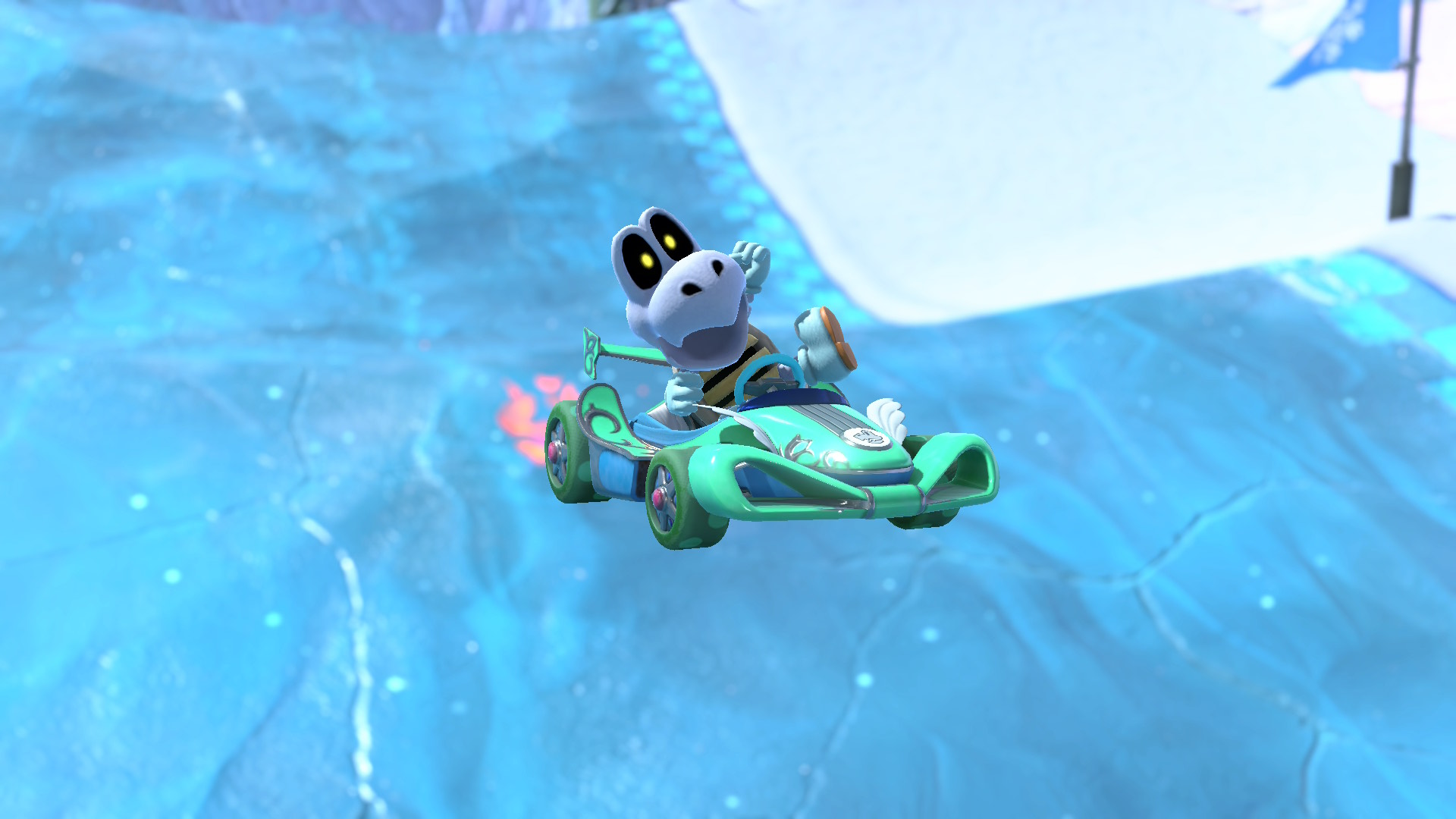 Dry Bones riding the Roadster Royale in Mario Kart World