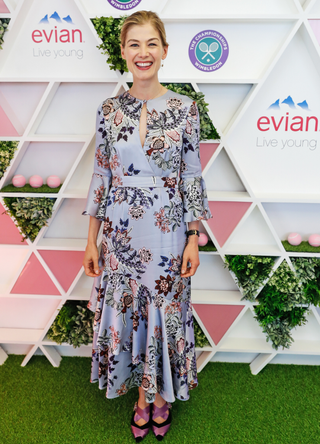 Rosamund Pike attends the evian Live Young suite during Wimbledon 2017 on July 16, 2017 in London, England