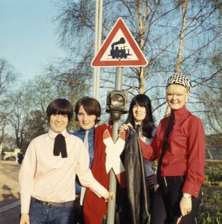 L-R Sylvia Saunders, Mary McGlory, Valerie Gell and Pamela Birch of Liverpool band The Liverbirds pose for a group portrait c 1965 in Hamburg, Germany