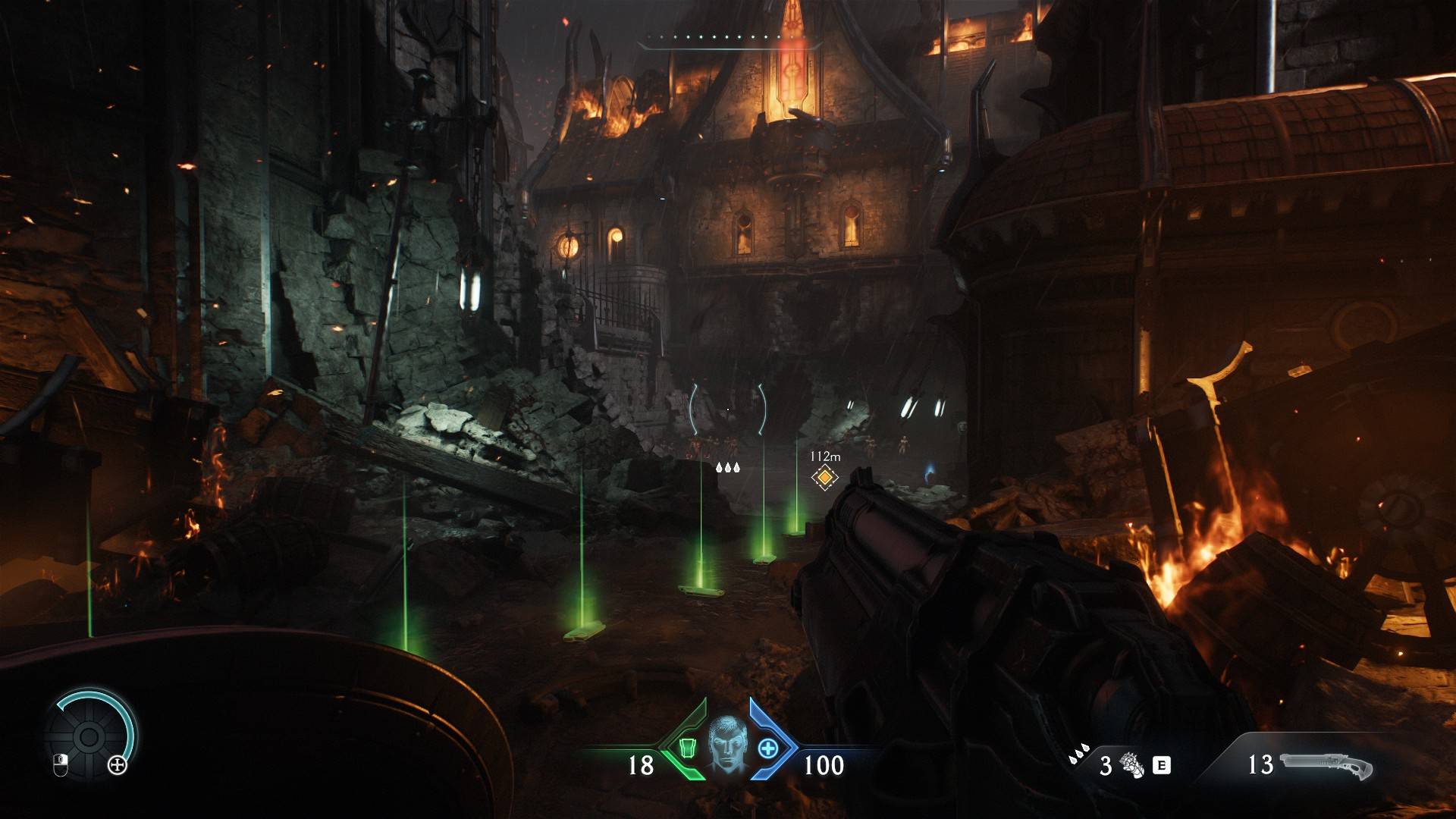DOOM: The Dark Ages gameplay featuring burning building in back of items leading way.