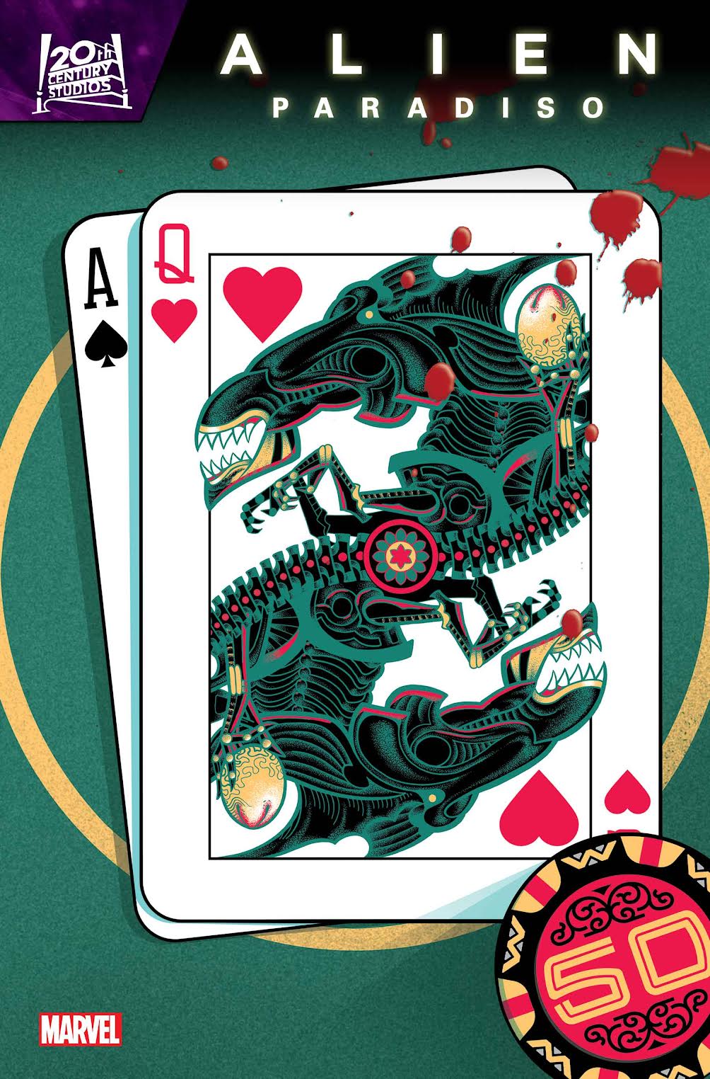 a pair of playing cards with a xenomorph design and blood droplets