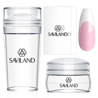 Saviland French Tip Nail Stamp - 4pcs Nail Art Stamper Kit Clear Silicone Nail Stamping Long & Short Jelly Stamper for Nails With Scrapers Nail Stamper Kit for French Manicure Home Diy Nail Art Salon