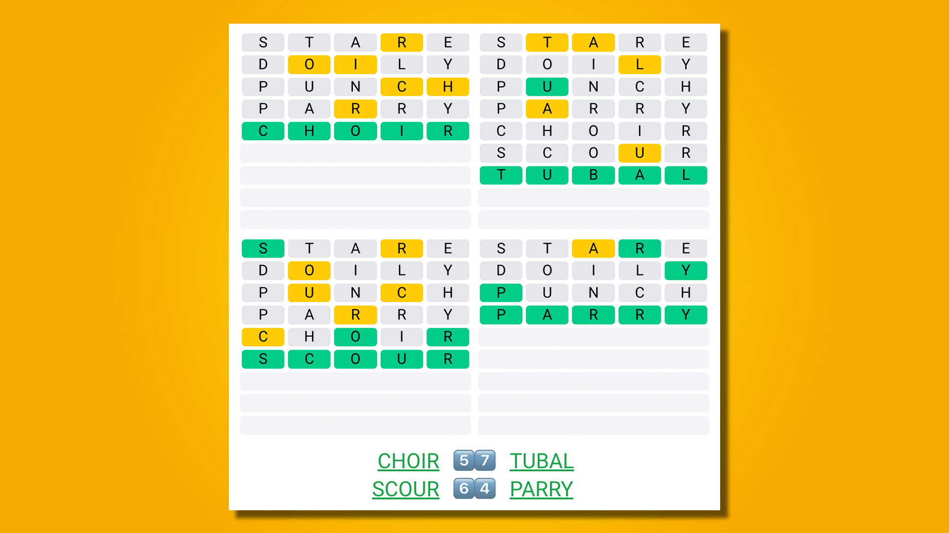 Quordle 431 отвечает на желтом фоне