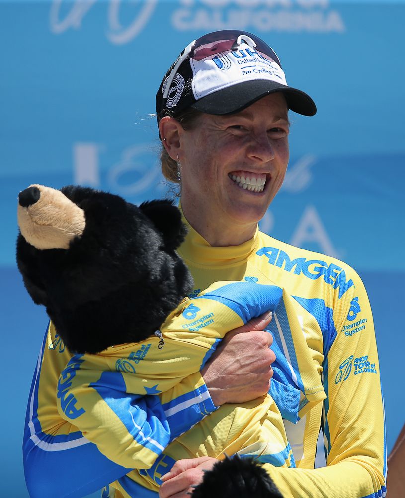 Alison Powers on the podium after winning the 2014 Tour of California Women's Time Trial in Folsom.