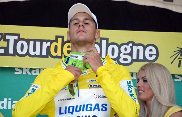 Jacopo Guarnieri zips up his first yellow jersey
