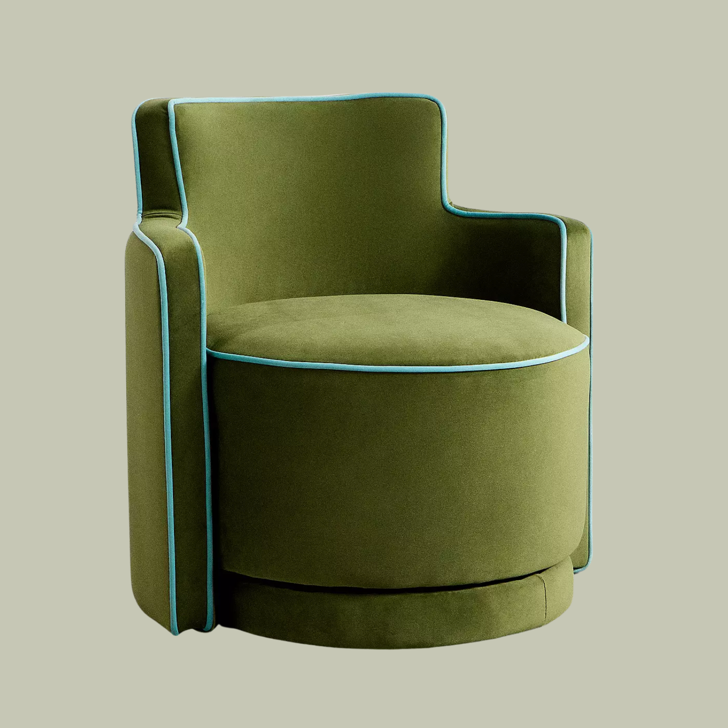 A green swivel chair with blue hemwork
