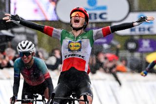 Lidl-Trek's Italian rider Elisa Longo Borghini celebrates as she crosses the finish line to win the women's race of the 'Ronde van Vlaanderen' (Tour des Flandres) one day cycling race, 163 km from Oudenaarde to Oudenaarde, on March 31, 2024. (Photo by LAURIE DIEFFEMBACQ / Belga / AFP) / Belgium OUT