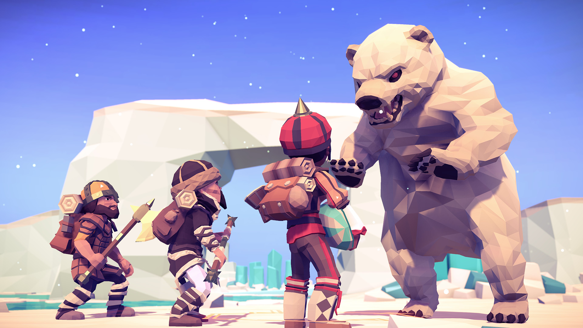 Three players looking at an angry polar bear during the RPG For the King.