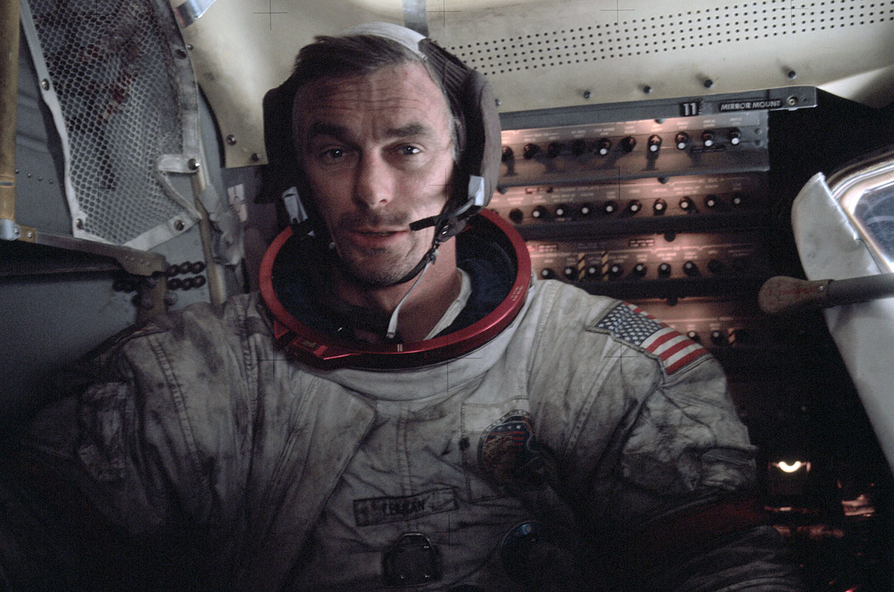 Apollo astronaut Gene Cernan, seen here aboard the lunar module on the moon in 1972.