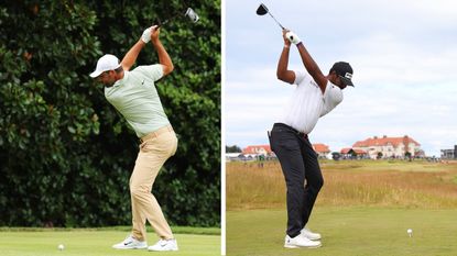 Scottie Scheffler and Sahith Theegala at the top of their backswing with the driver