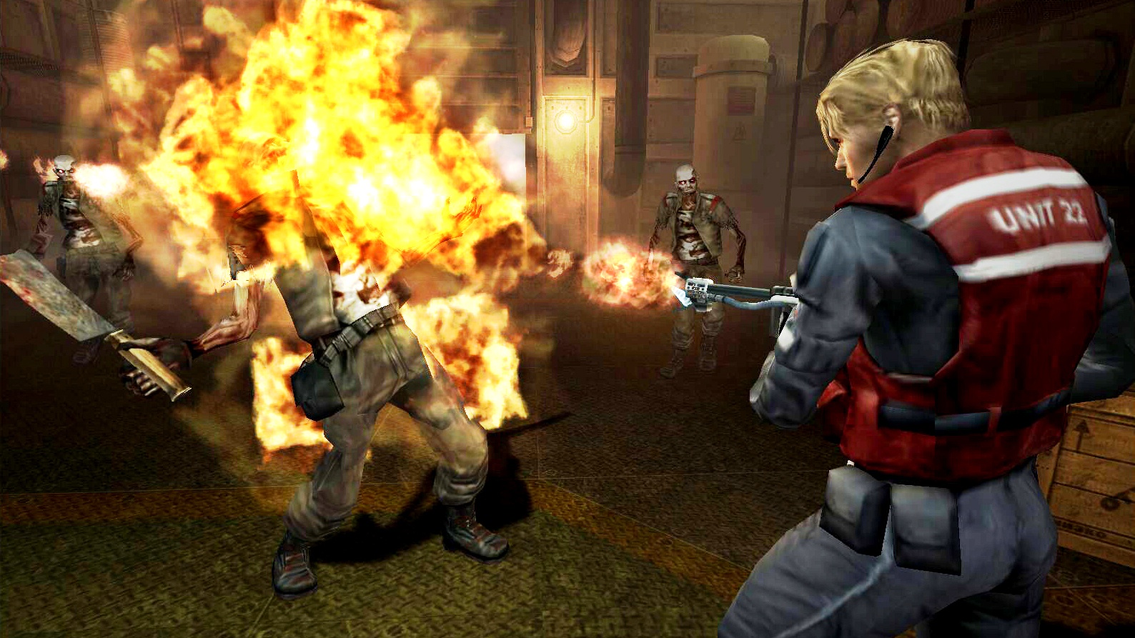 Guy sets zombie on fire with flamethrower.