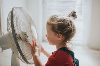 A child stood in front of a fan