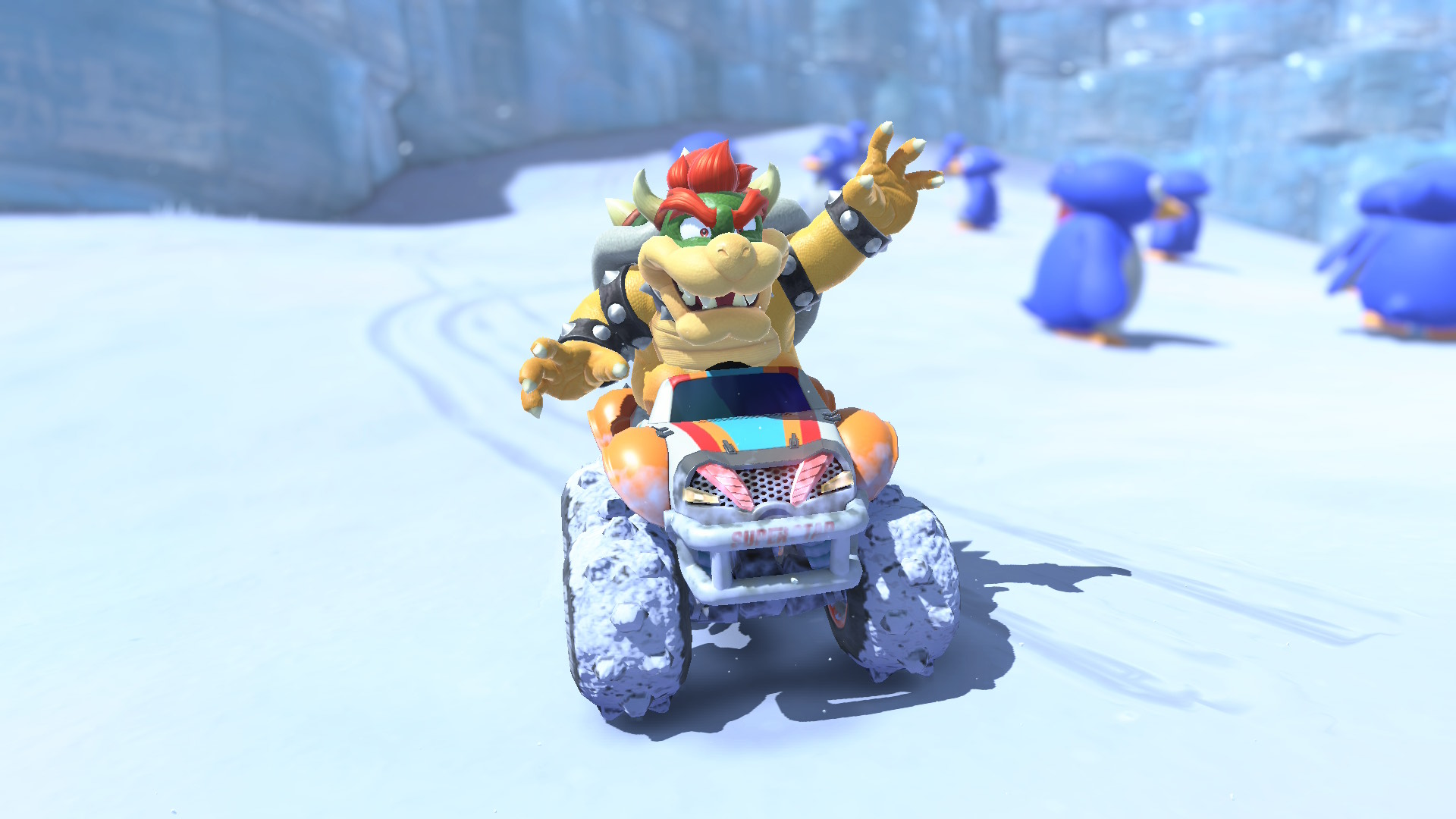 Bowser driving the Charging Truck kart in Mario Kart World on an icy track