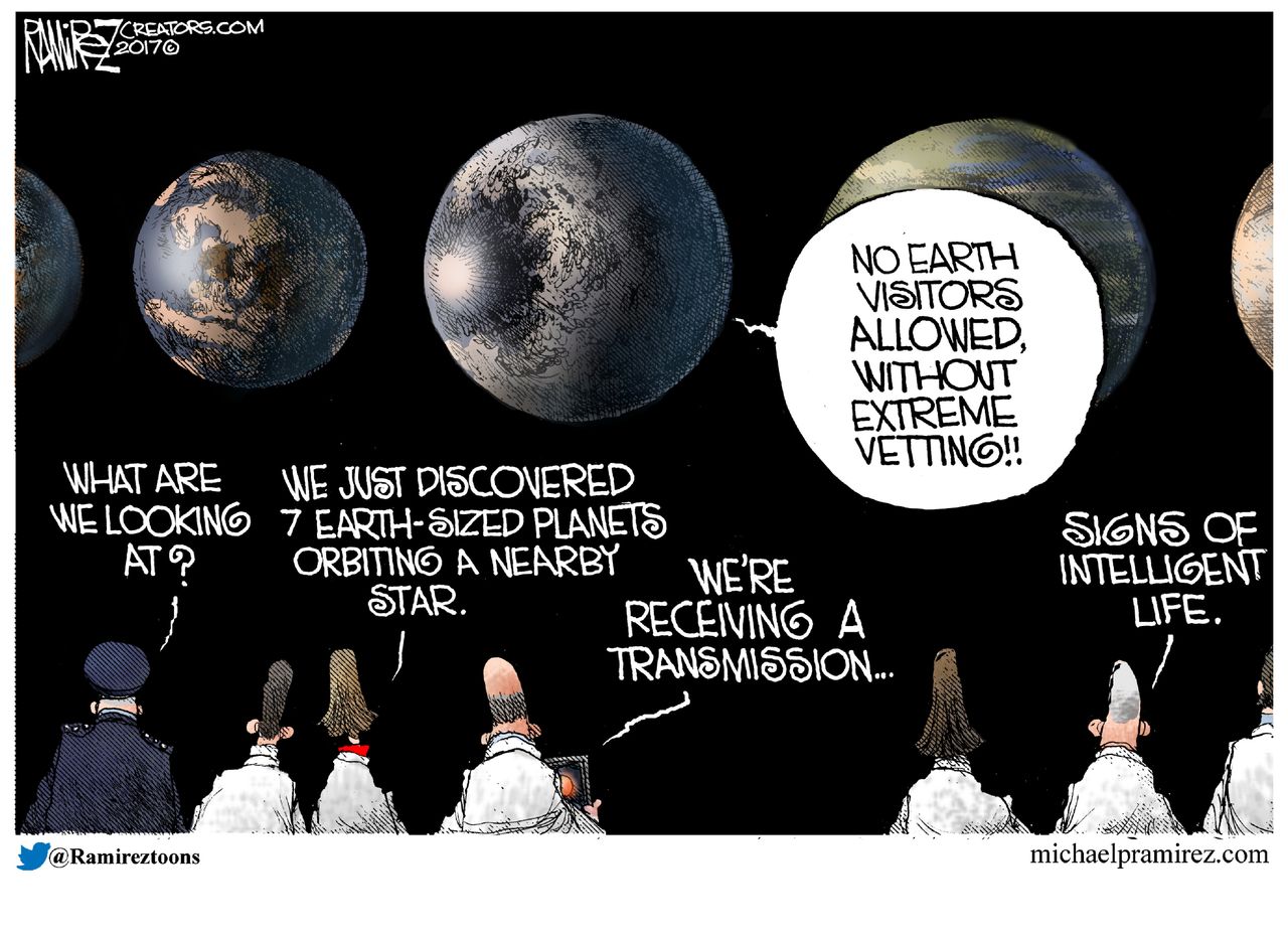 Political Cartoon U.S. NASA new planets extreme vetting immigrants