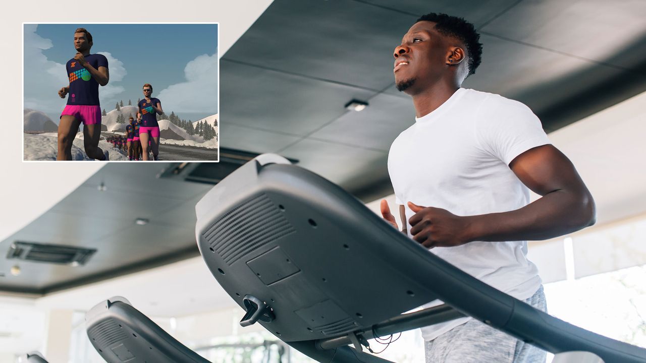 Man running on a treadmill, with an inset for the Zwift for runners virtual app