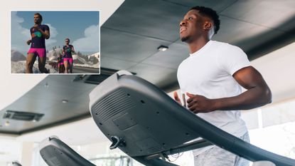Man running on a treadmill, with an inset for the Zwift for runners virtual app