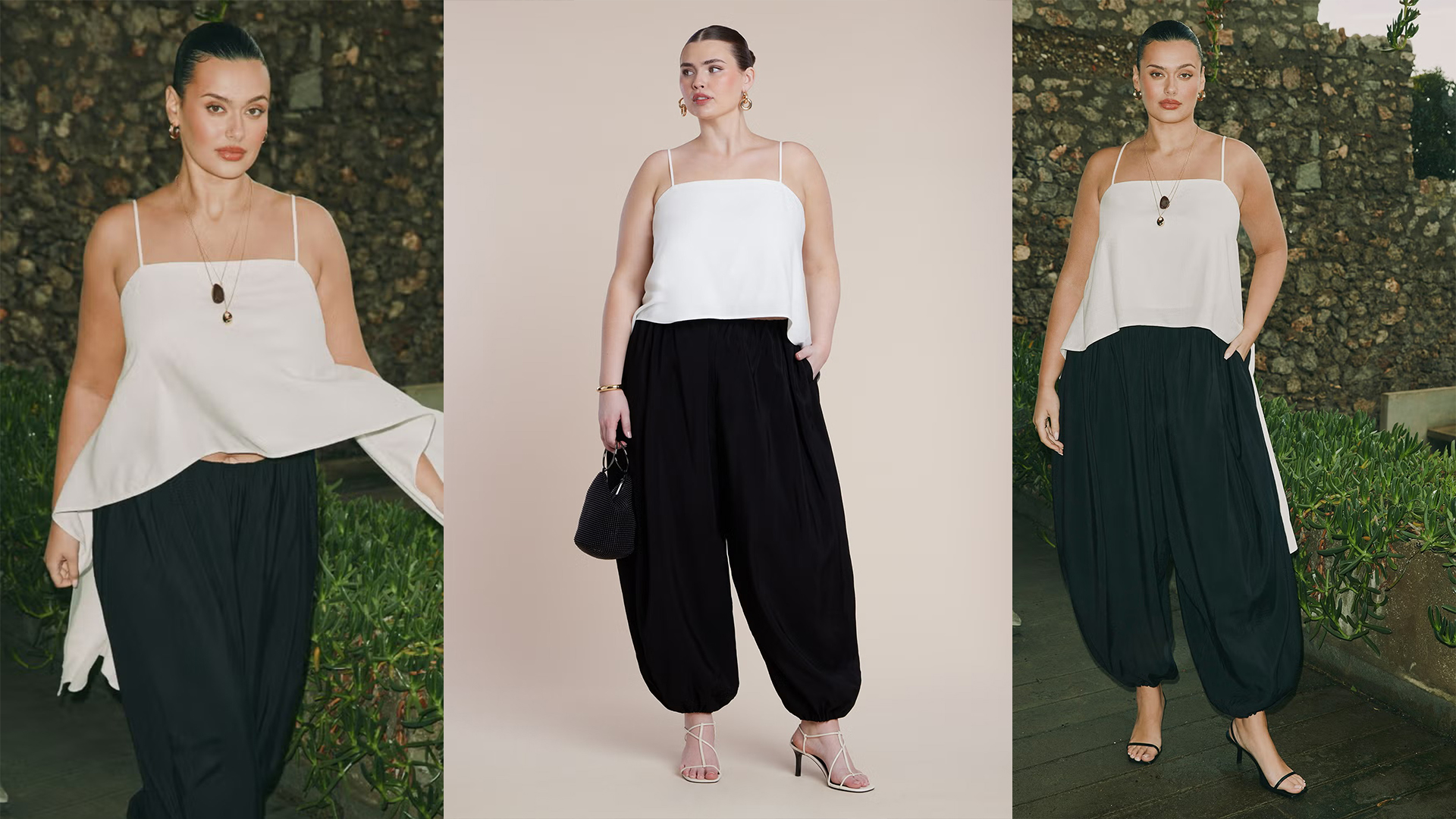 model wears white top and black balloon pants. 